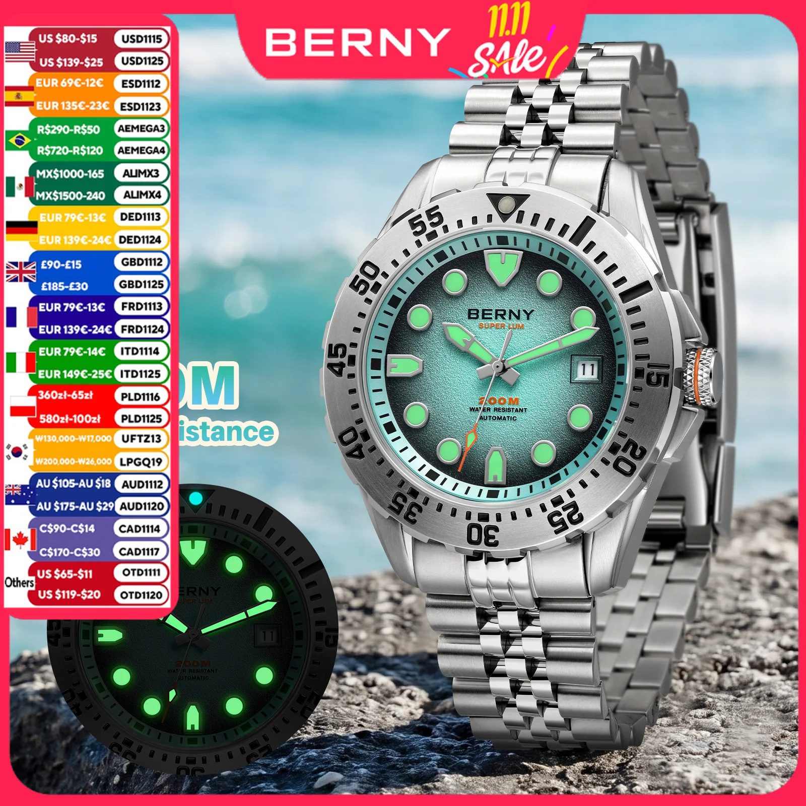 BERNY 20ATM Automatic Diver Watch for Men MIYOTA 8215 Top Accuracy 316L Steel Supper Luminous Sapphire AR Men's Diving Watches