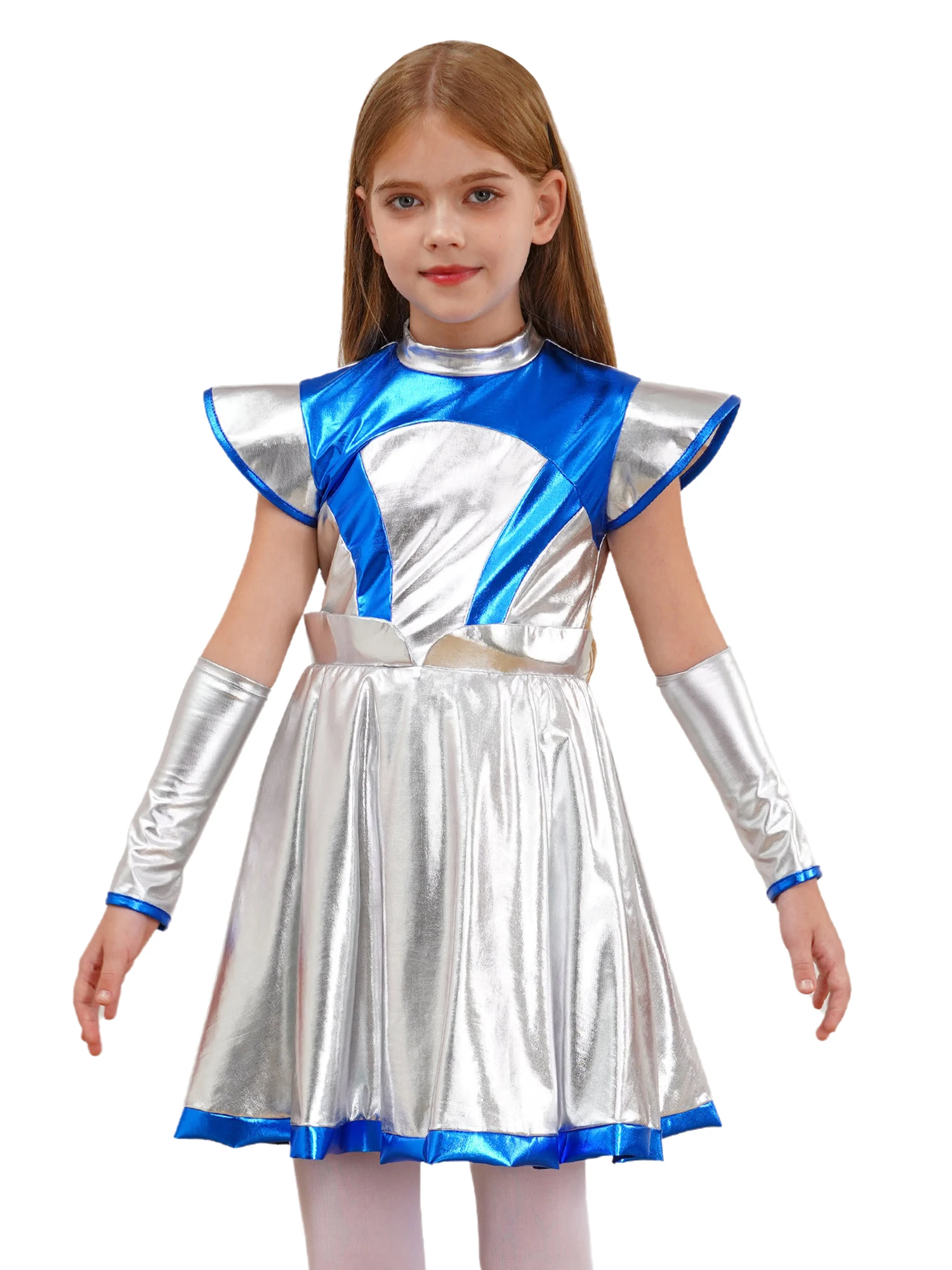 Kids Girls Halloween Alien Cosplay Costume Outer Space Cutie Costume Cap Sleeve Shimmering PU Dress with Arm Sleeve