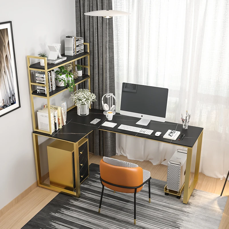 Esquina de mesa de ordenador de esquina de mármol de lujo, luz nórdica, forma de L