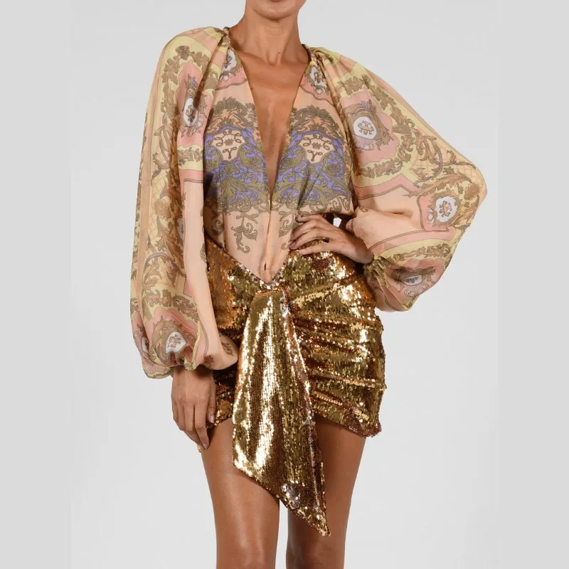 

Night Clubwear Gold Shiny Sparkle High Waist Ruched Slim Bodycon Cocktail Skirt Sexy Women Sequins Irregular Mini Skirt