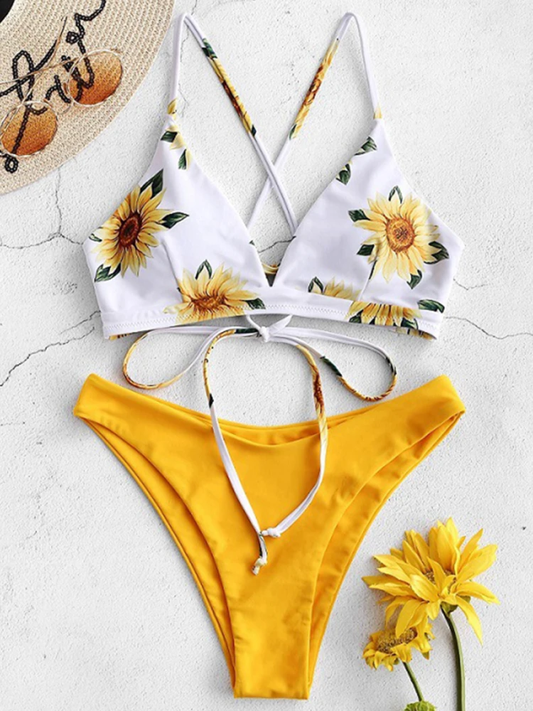 

Summer Sunflower Printed Bikini Set Sexy Swimwear Women Mujer Push Up Padded Biquini Bather Bandage Bathing Suit Swimsuit Bikini