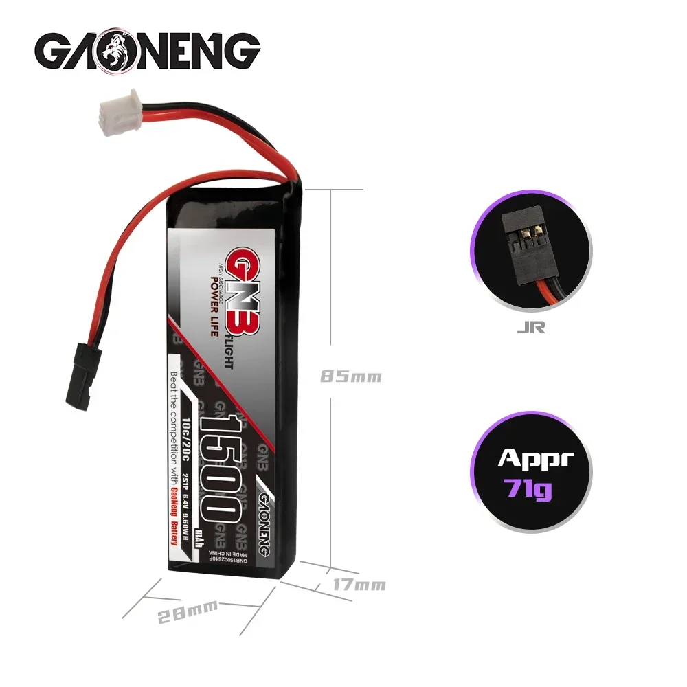 GAONENG GNB 1500mAh 2S 6.4V 10C LiFePO4 LiFe Battery RX Receiver Transmitter Battery With Futaba Connectors