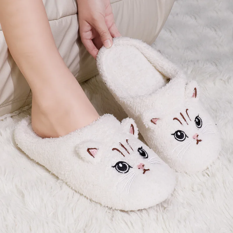 Winter Women's Slippers Indoor Cartoon Cat Cute Girls Slippers Bedroom Anti-slip Soft Sole Comfortable Cotton Home Shoes Black