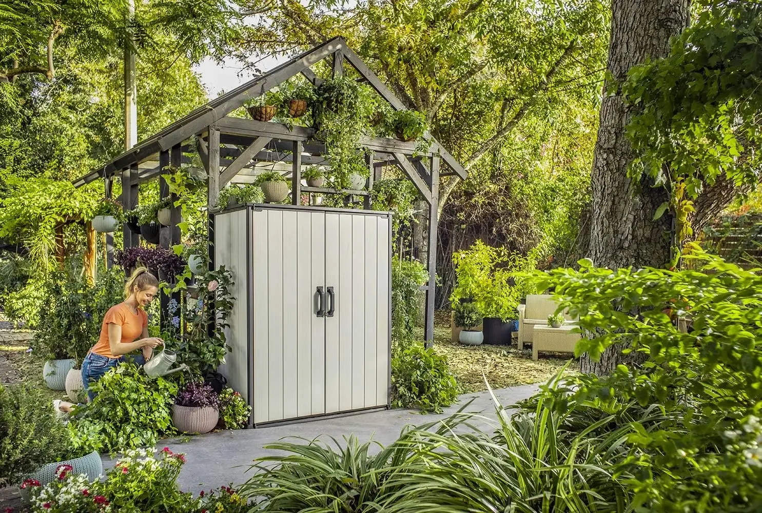 4.6 x 5.6 ft. Resin Outdoor Storage Shed with Shelving Brackets for Patio Furniture, Pool Accessories