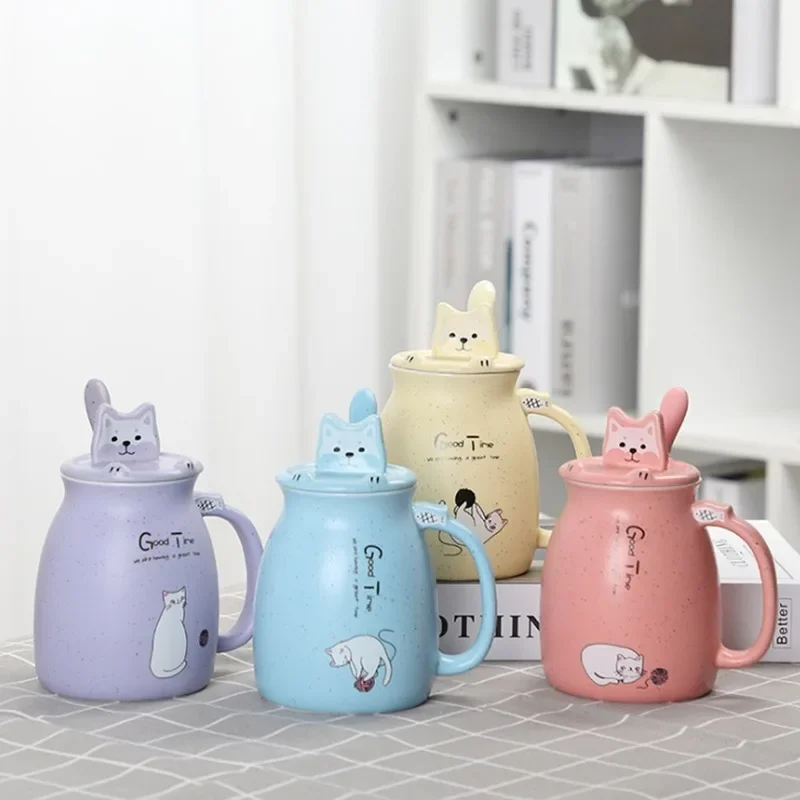 500ml Cartoon Ceramics Cat Mug with Lid and Spoon Handle Cute Cat Mug Coffee Milk Tea Mugs Breakfast Cup Drinkware Novelty Gifts