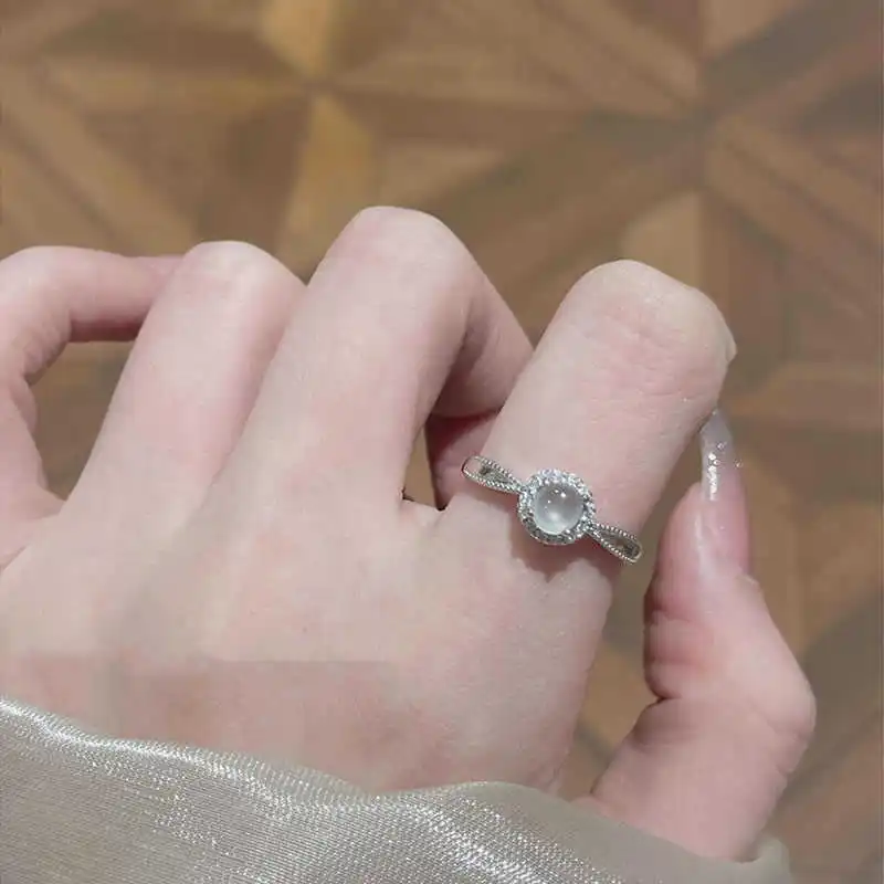 

White Chalcedony Ring Women's New Chinese Style Simple Small Fresh Diamond Finger Ring Fashionable All-match Finger Ring