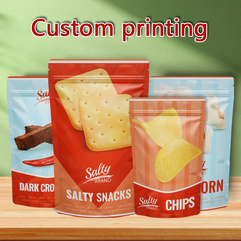 Custom Mylar Bags with Logo Printed, Resealable Aluminum Foil, Stand Up Ziplock, Tea Nuts and Cookies Packaging Pouch