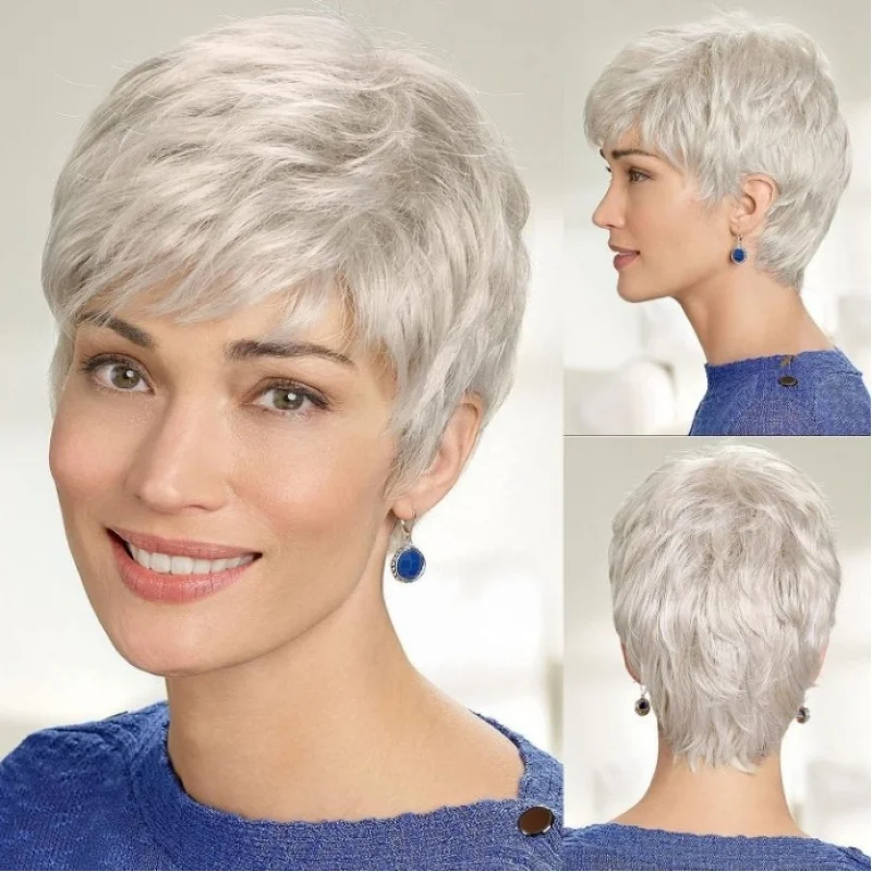New European and American style women's , -white short hair, fashionable high-temperature fiber wigs, silver-colored s