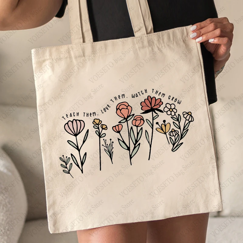 Teach Them Love Them Watch Them Grow Floral Pattern Tote Bag Floral Casual Canvas Shoulder Bag Teachers Gifts Women Shopping Bag