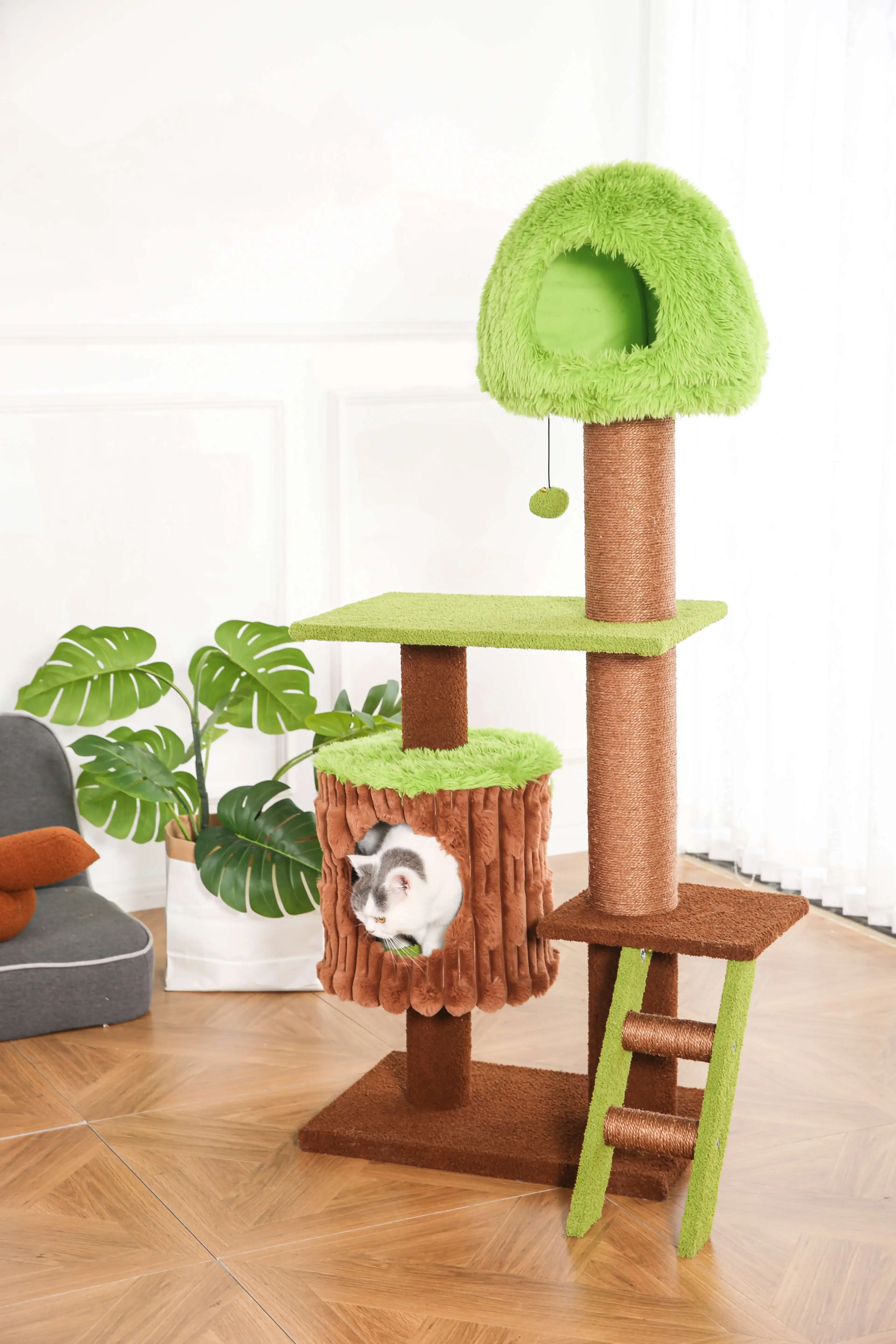 Green Extra Large Cat Tree Xxl Texture Velvet Multi-Level Cat Climbing Tower Condos Thick Sisal Scratching Posts