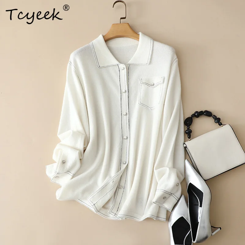 

Tcyeek, 100%Pure Cashmere Elegant Cardigan, Women Long Sleeve Solid, Vintage Fashion Sweater Coat, 2024 Autumn Winter C47804QM