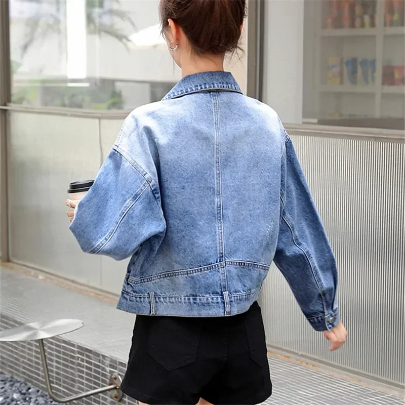 

Vintage Embroidery Flowers Blue Short Denim Jacket Spring Autumn Women Casual Lapel Long Sleeve Jeans Jacket Female Basic Coat
