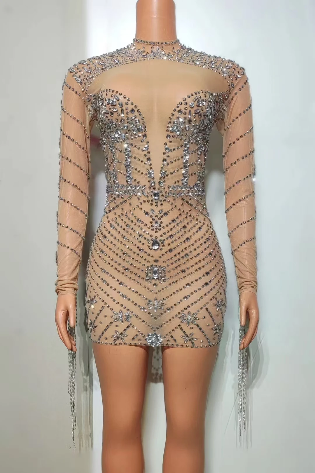 

Sparkly Rhinestone Fringes Mesh Stretch ShorParty Dress Birthday Prom Evening CelebrityGowns Female Singer Performance Wear A636