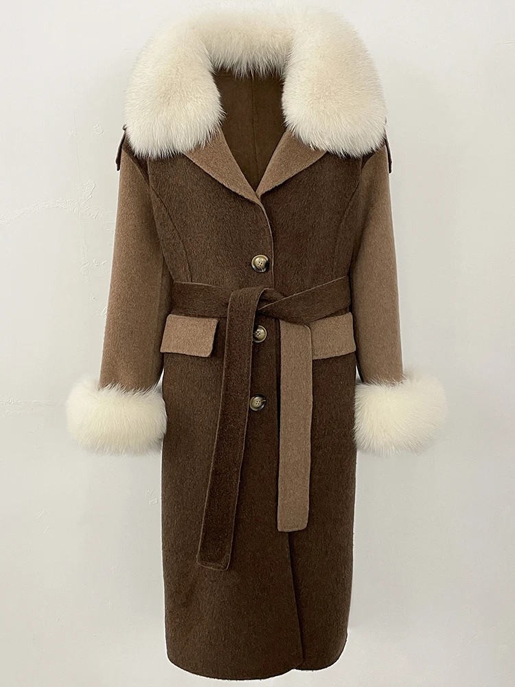 Frauen Patchwork doppelseitigen Woolen Kaschmir Mantel Echt Fox Pelz Manschette Wolle Jacke Weibliche Neue Winter Echtpelz Kragen kleidung