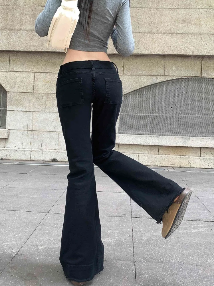 2025 Ropa Y2K Mode Schwarz Niet Design Schlank Low Rise frauen Ausgestellte Jeans Hosen Für Frau Kleidung Luxus Baumwolle lange Hosen