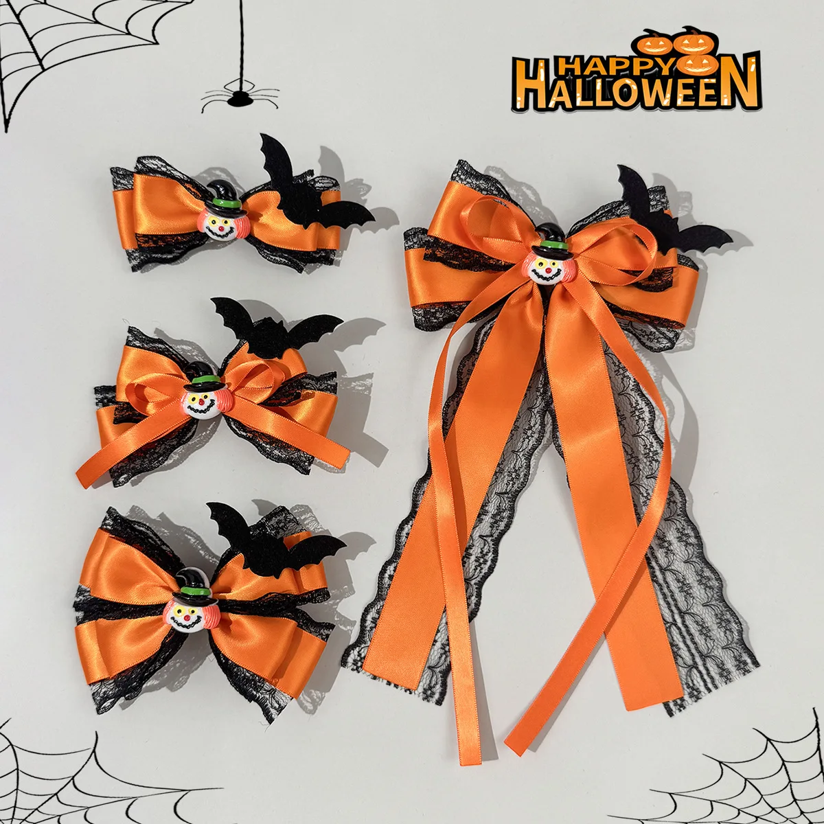 1PC Halloween Orange Lace Bow Hair Clips Black Bat Decor Satin Ribbon Barrettes Cosplay Party Costume Hair Accessories for Girls view 3