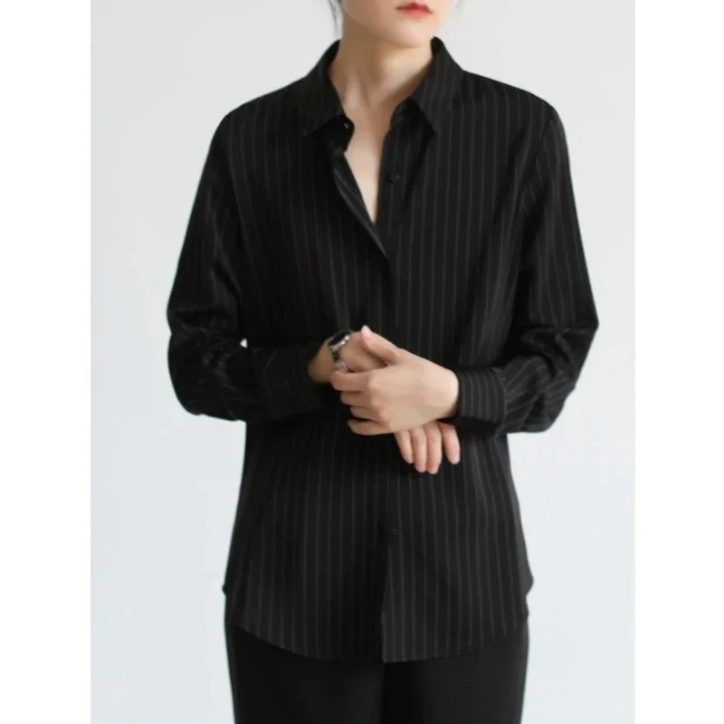 MEXZT-Chemises rayées noires vintage pour femmes, chemises de bureau à manches longues, chemisiers décontractés pour dames, mode coréenne élégante,