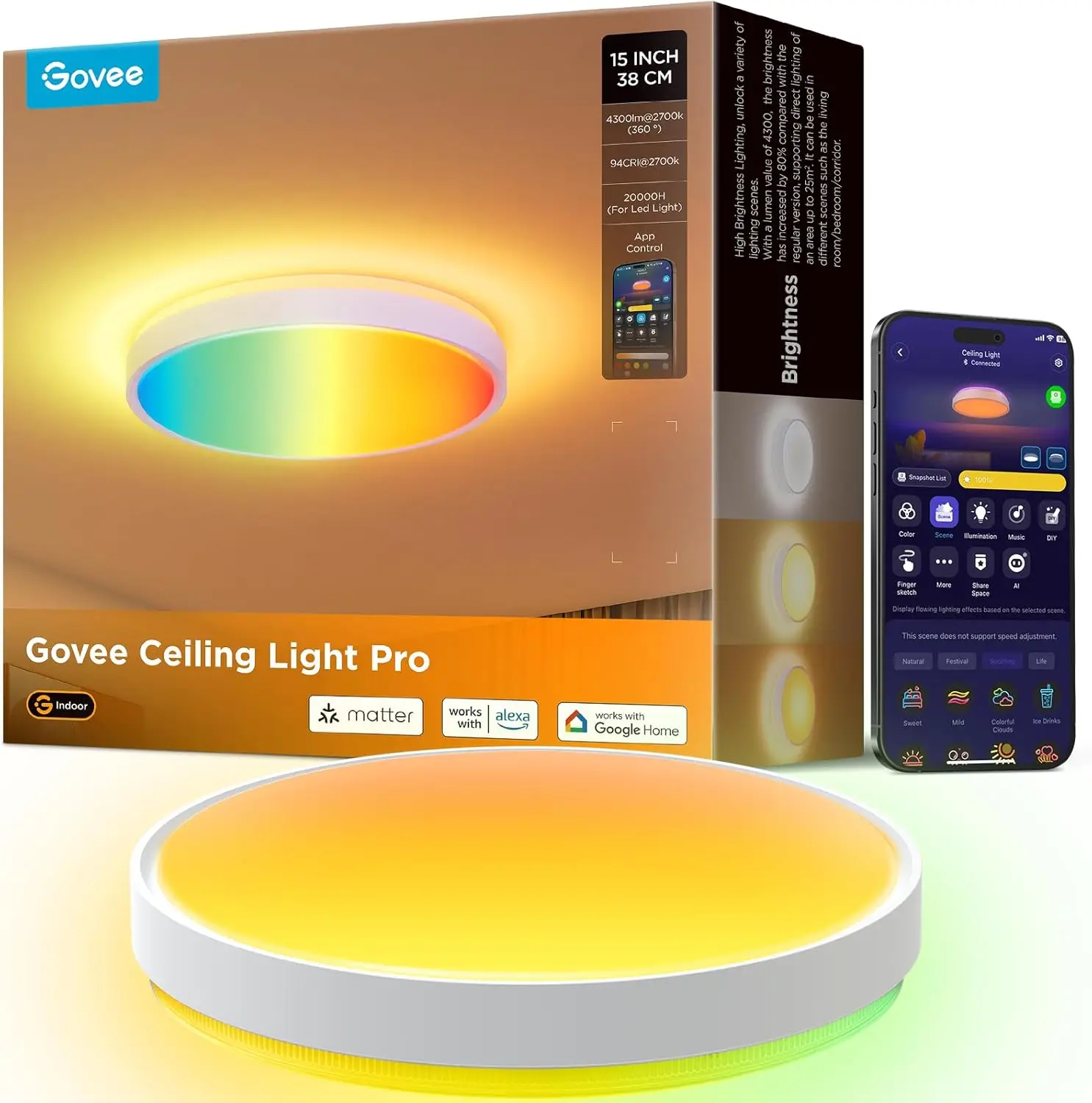 

Smart Ceiling Light 4300LM, RGBIC LED Fixture with Matter, Flush Mount, DIY Colors, Dimmable for Bedroom Living Room