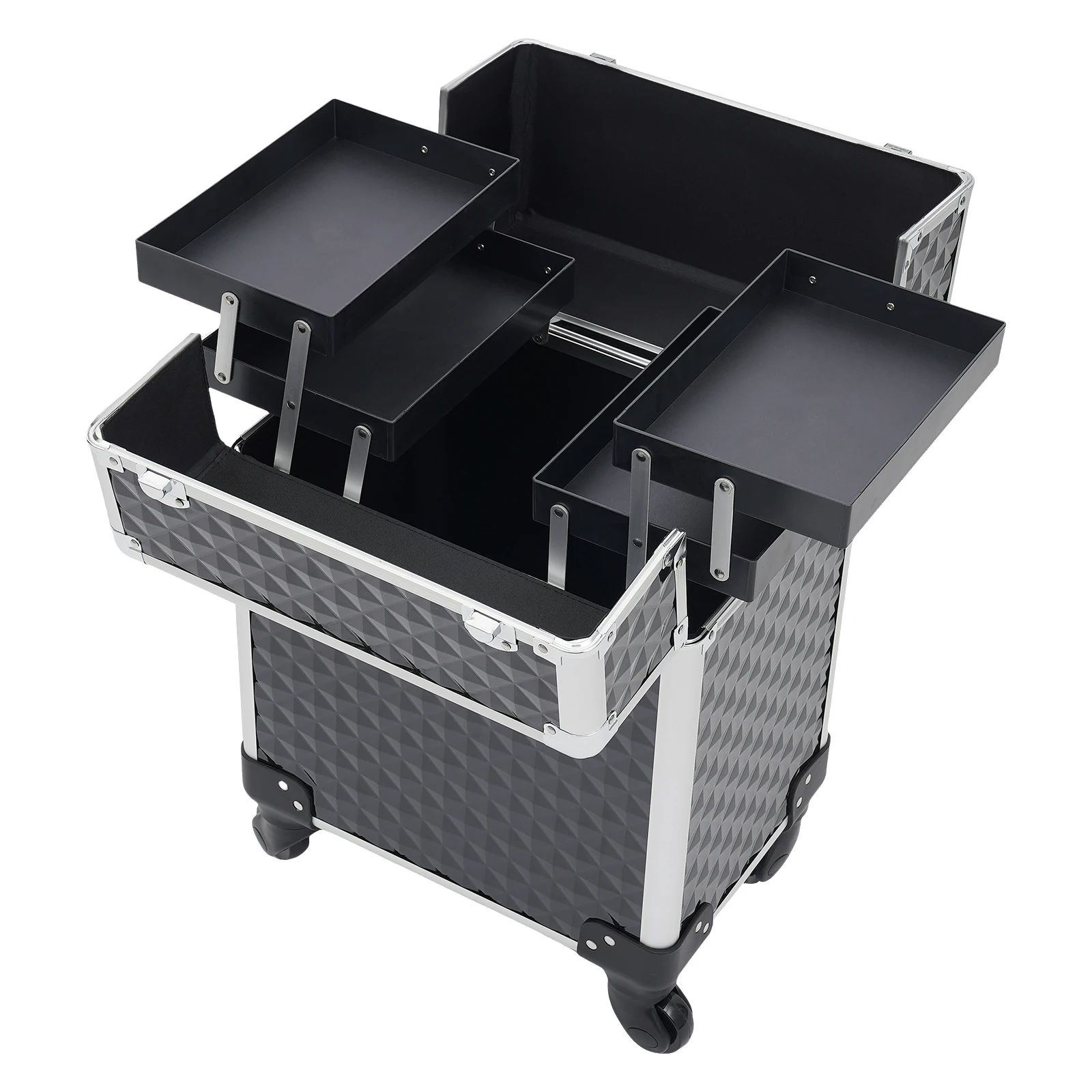 Makeup Train Case with Large Capacity, 2-Tier Trays, Waterproof PVC Fireproof Board, Aluminum, Adjustable Pull Rod, Lockable