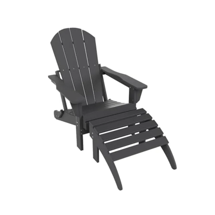 Outdoor lounge chair set for patio, garden, pool, backyard, beach; poly lumber construction; gray; all-weather, folding, includ