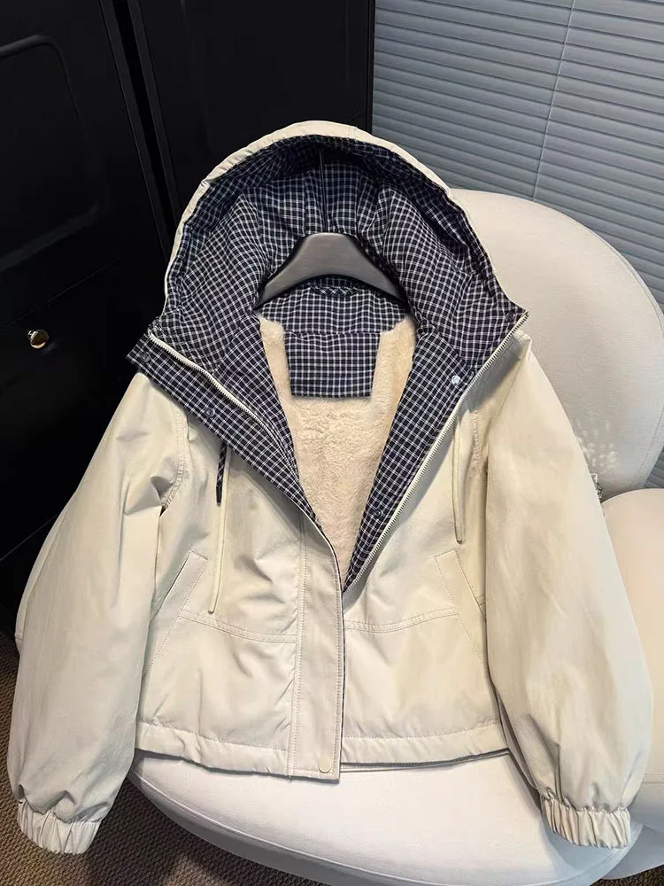 Winter Thick Faux Lamb Hooded Parkas Women Vintage Plaid Patchwork Fleece Coat Y2K Korean Loose Streetwear Warm Outerwear