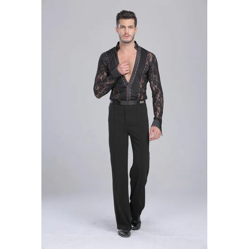 Men Latin Dance Lace black and white Garment Dance Waltz Ballroom Dance Garment Performance latin man shirts Garment Top Pants