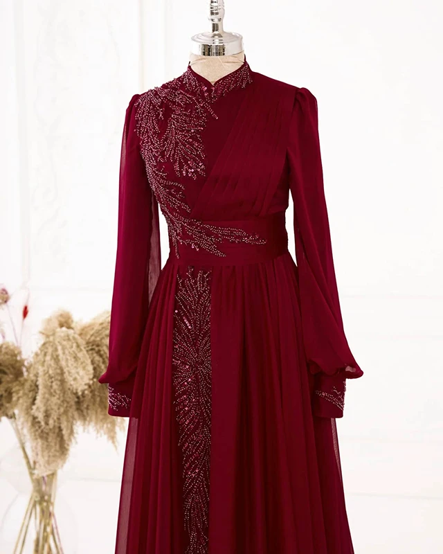 Burgundy Chiffon Beaded Long Sleeve Muslim Evening Gown Appliques Party Dresses Moroccan Caftan High Neck Robe De Soirée