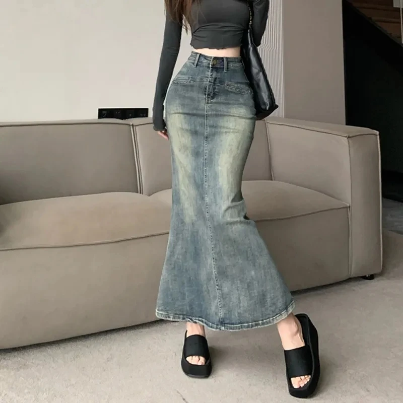 

Vintage High Waist Hip Fishtail Denim Skirts Women's 2025 Spring Autumn New Slimming Mid-Length Split Jeans Half-Length Skirt