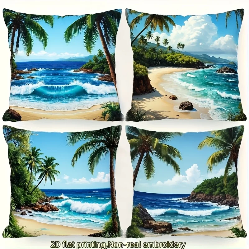 Luxurious Tropical Beach Palm Tree Ocean Scene Printed Pillow Cover Set of Four Polyester Coastal Hawaiian Paradise Bedding Deco