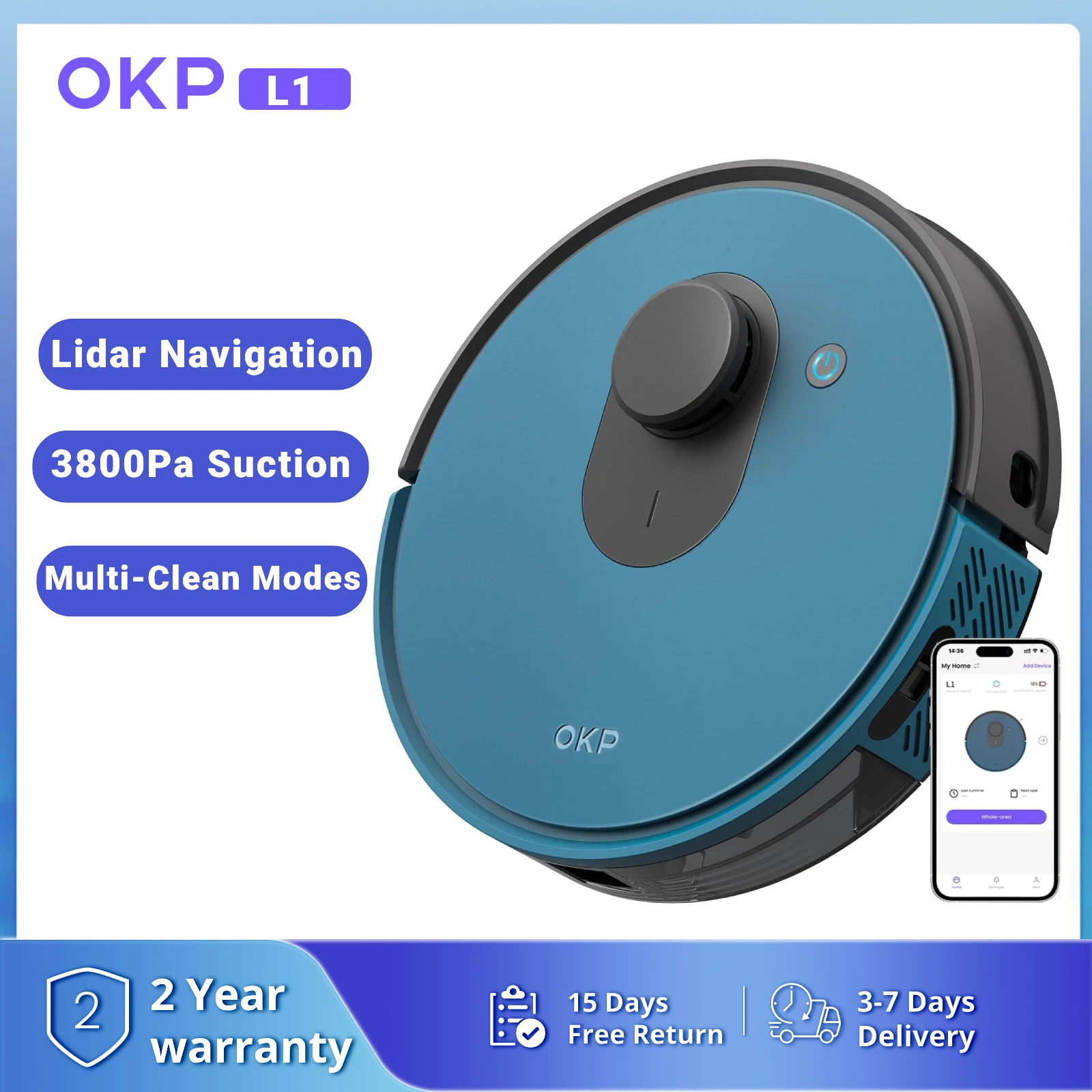 OKP Lidar Robot Vacuum Cleaner 3800Pa Power Suction , LiDAR Navigation Smart Home appliance, Self-Charging,  for Pet Hair,Carpet