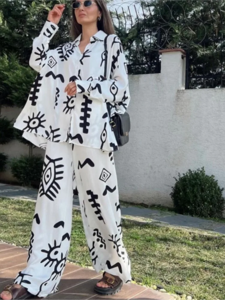 

Autumn Elegant Wide Leg Pant Two Piece Set Women Fashion Print Long Sleeve Shirts Outfit Loose High Waist Lace Up Pant Sets
