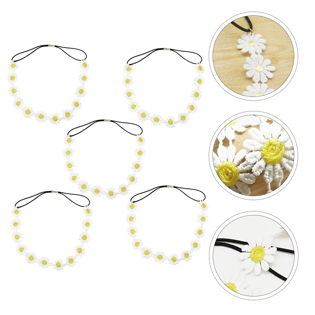 5Pcs Daisy Flower Headband White with Yellow Center Exquisite Elegant Comfortable All Match Female Headwear Lightweight