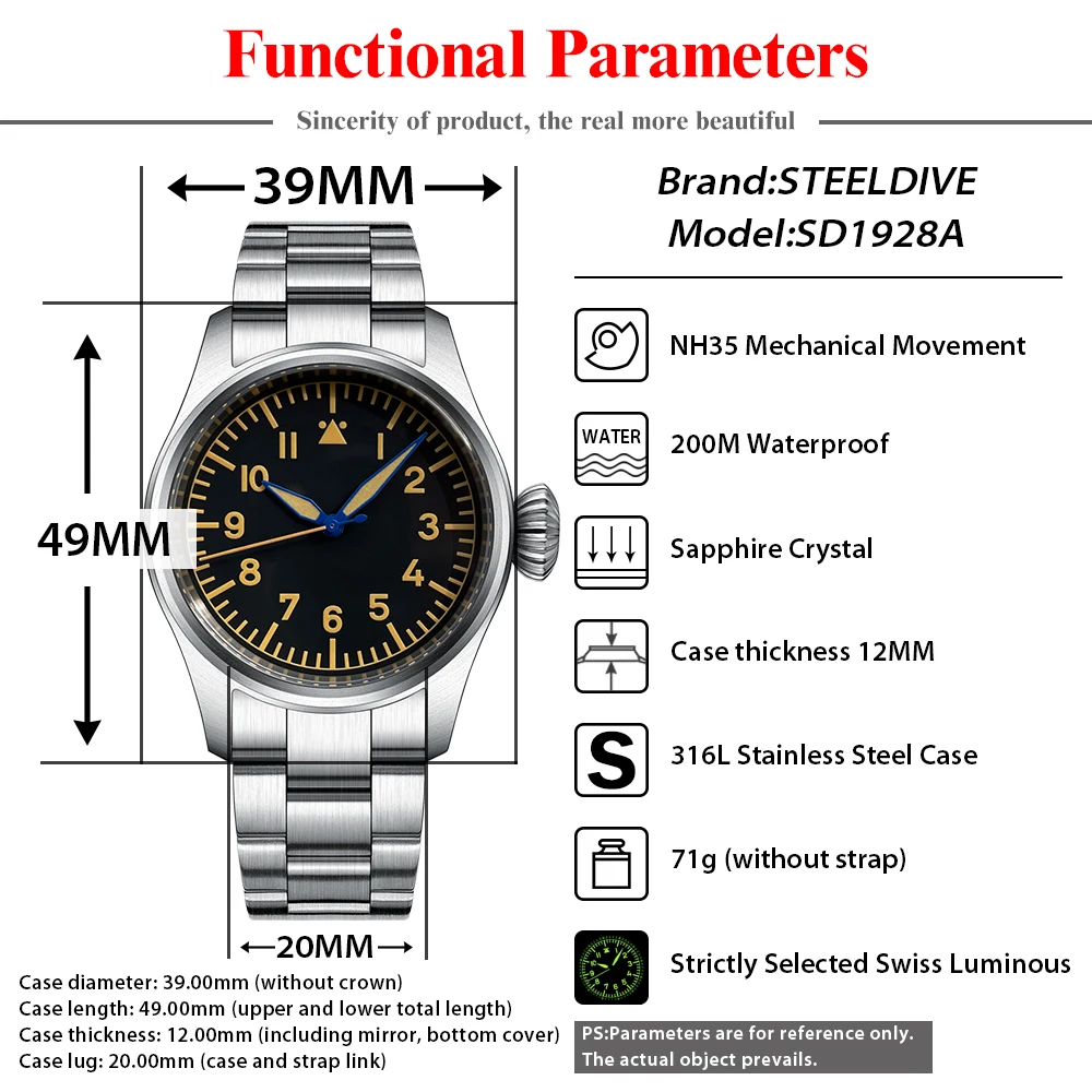 STEELDIVE SD1928A Luxury Mechanical Wristwatch NH35 Movement Swiss Luminous 20Bar Waterproof 316L Stainless Steel Business Pilot