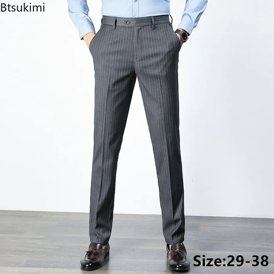 

2024 New Men's Suit Pants Fashion Business Casual Straight Pants Korean Style Slim Fit Striped Non-ironing Suit Trousers for Men