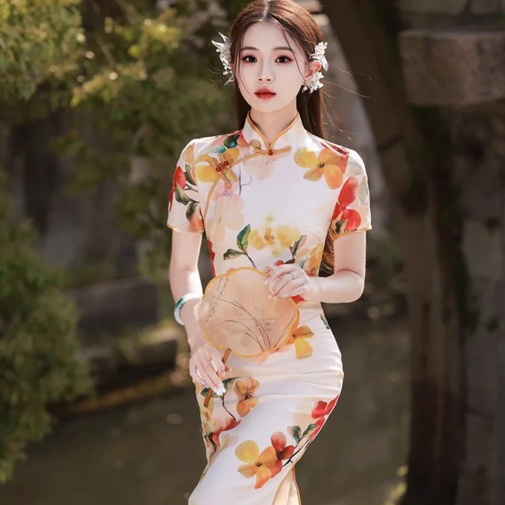 

Современное Ципао, новинка 2025, Cheongsam в стиле ретро, миниатюрная женская повседневная одежда, летняя одежда, традиционное китайское платье