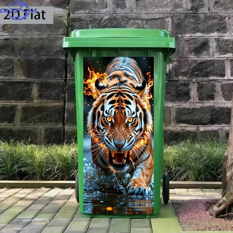 2D 1PC1pc of Trash Can Sticker, × Cm, Featuring a Theme Design of a Roaring Tiger in Flames, Self-Adhesive Wall Decoration Wal
