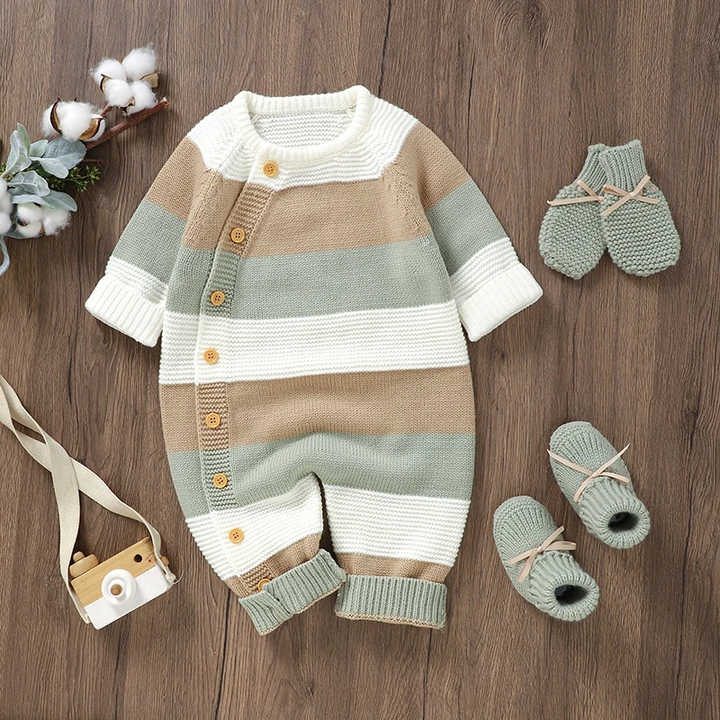 Baby Sweater Jumpsuit Long Sleeve Button Down Striped Knitted Romper Boys Girls 3 6 12 18 Months Fall Winter Clothes