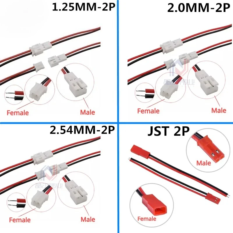 10Pairs Small Mini 1.25mm XH2.54mm PH2.0mm JST2Pin Male Female Connector Plug For RC Lipo Battery Car Boat Drone Airplane