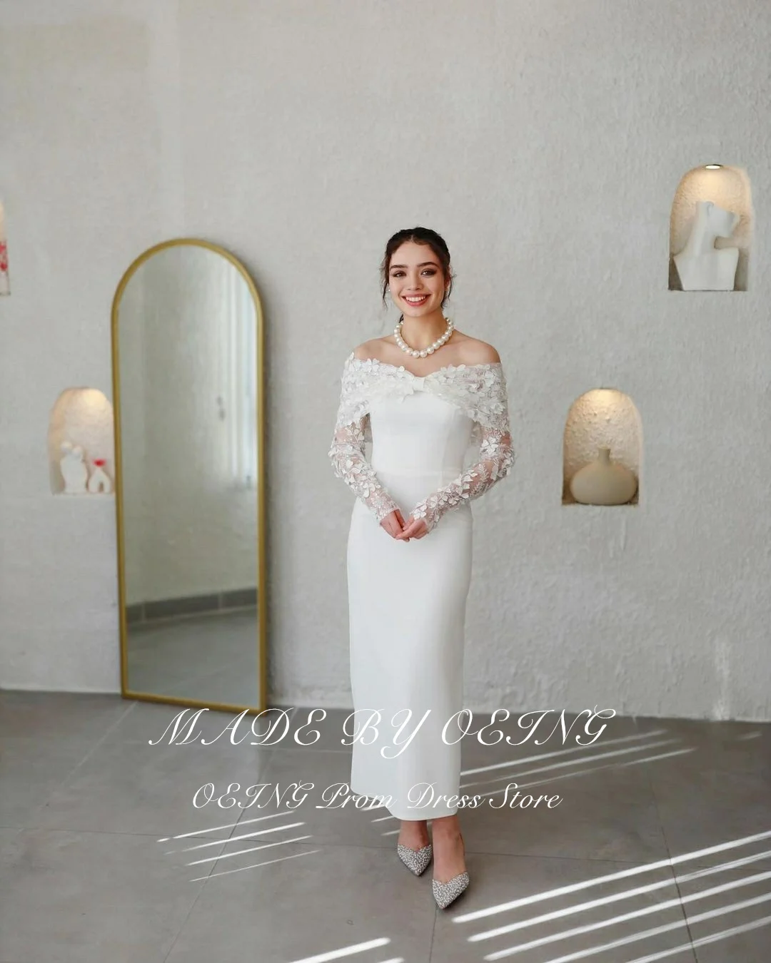 OEING White Wedding Dress Elegant Off The Shoulder 3D Lace Appliques Long Sleeves Bridal Gown Exquisite Bridal Dress Gala