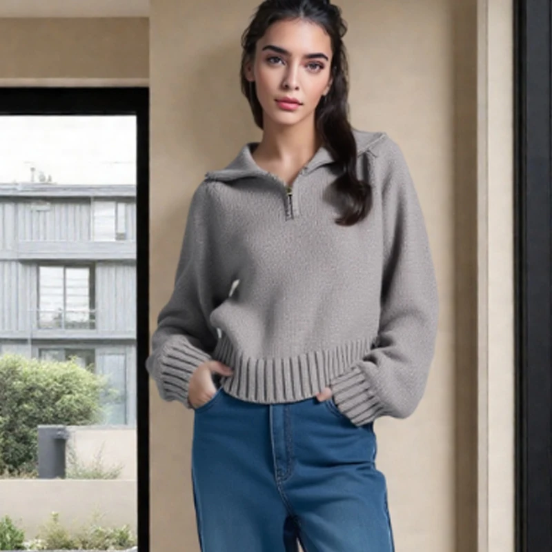 

2025 Autumn Korean Sweet Straight Knitted Tops Casual Long Sleeved Half Zipper Pullover Sweater Elegant Solid Color Knitwear