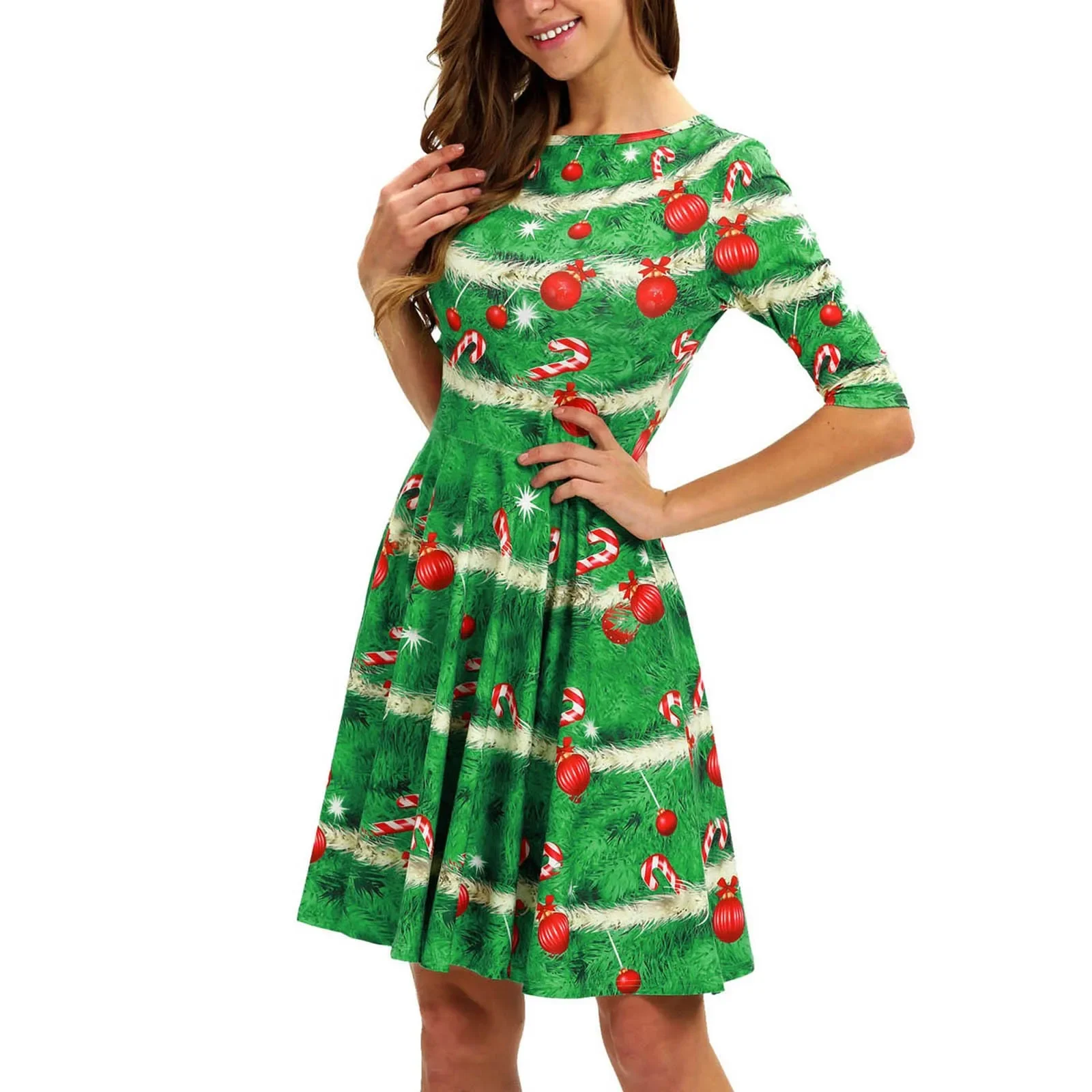 Vestido Midi acampanado informal para mujer, traje feo de Navidad con estampado de gato y perro, elegante para fiesta navideña