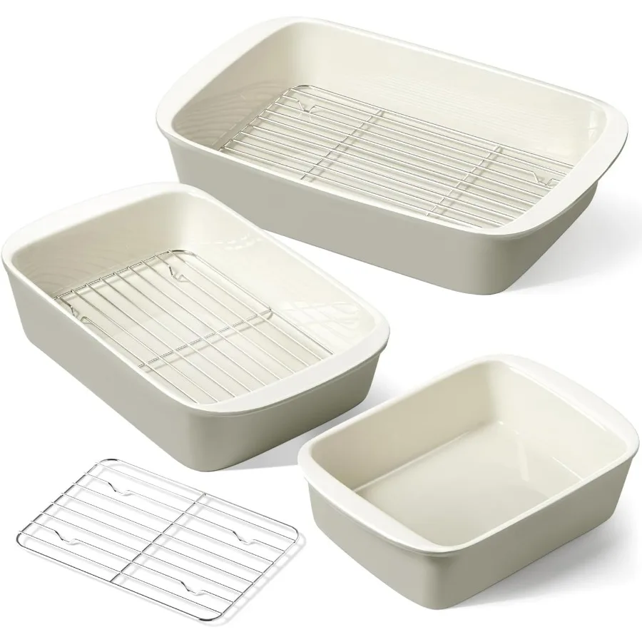 

Deep Casserole Dishes for Oven, 13.7”x9.6” Ceramic Baking Dish Set with Roasting Racks, Large Lasagna Pans with Handles, Rectang