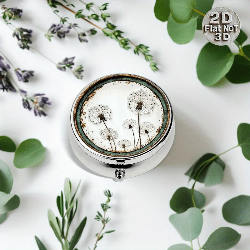 1 portable round three-compartment metal pill box, white with brown dandelion pattern, green center - food-grade safe, non-flat design, suitable for storing daily medications and vitamins, flat design suitable for handbags