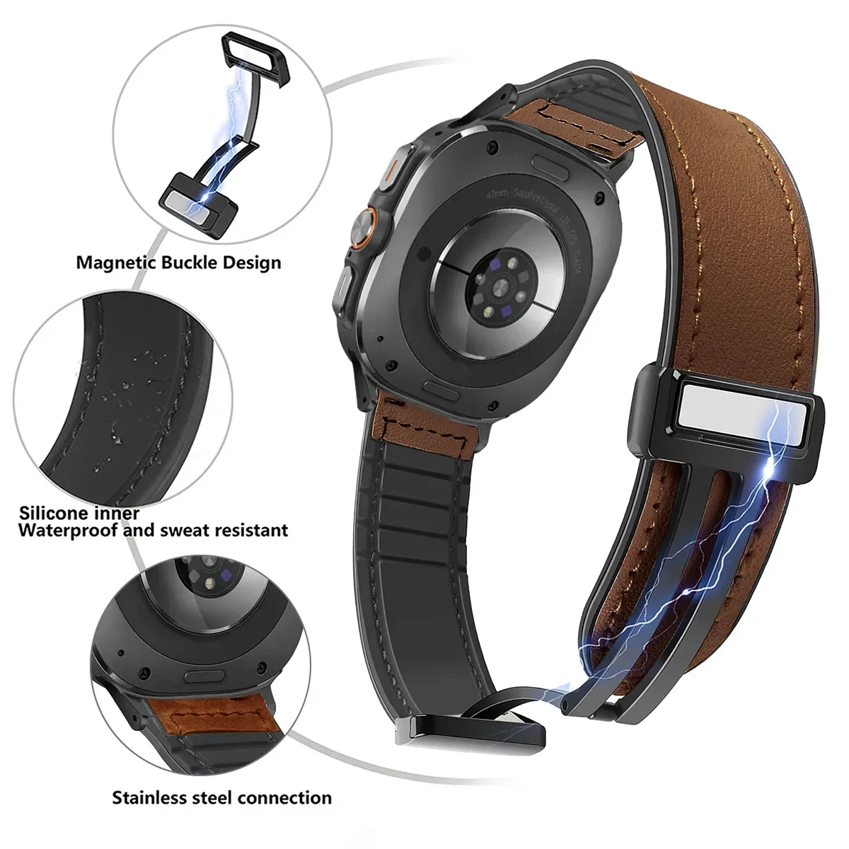 Leder-Silikonarmband für Samsung Galaxy Watch 7 Ultra 47 mm, Magnetband-Armband für Galaxy Watch 7 Ultra 47 mm Correa