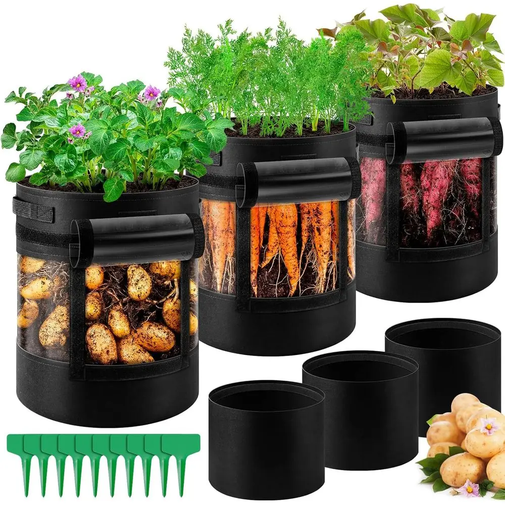 3 Pack 10 Gallon 360° Visibility Potato Grow Bags with Shading Lap, Heavy Duty Thickened Nonwoven Fabric Gardening Vegetable Gro
