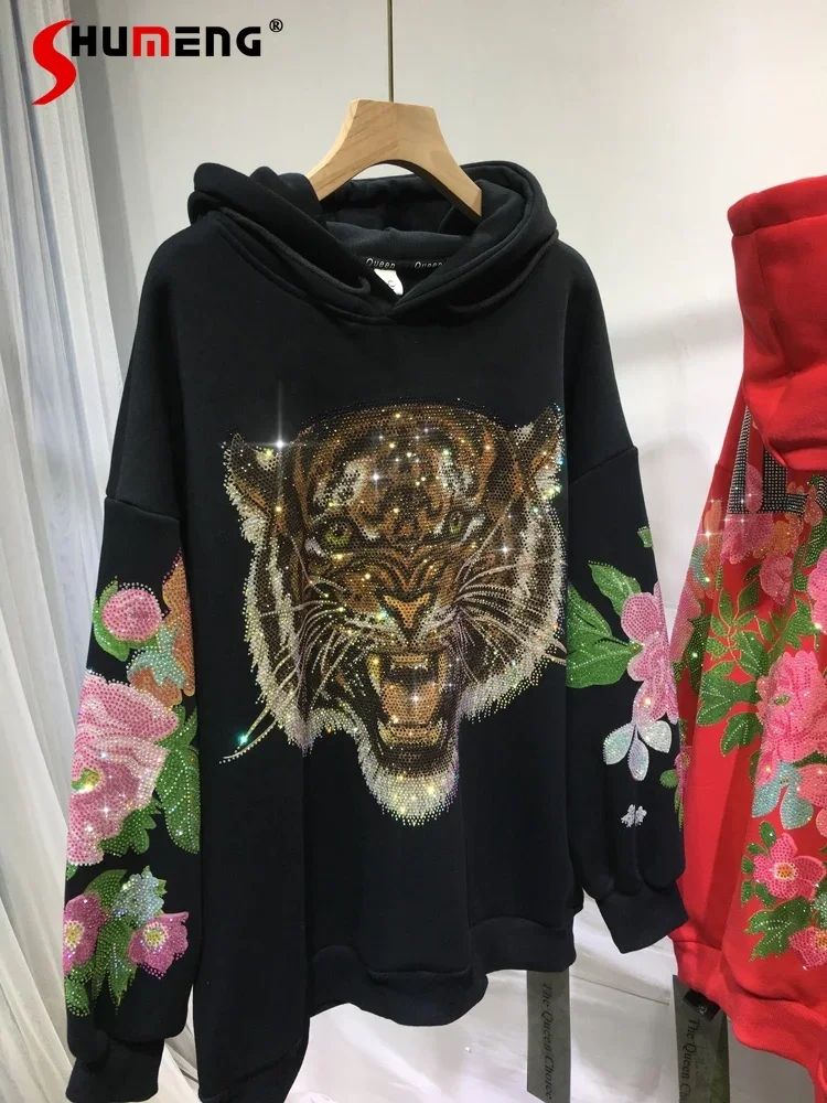 

Feminine Fleece Thickened Sweatshirts Women's 2024 Autumn and Winter New Fashion Hot Diamond Flower Tiger Head Loose Chic Tops