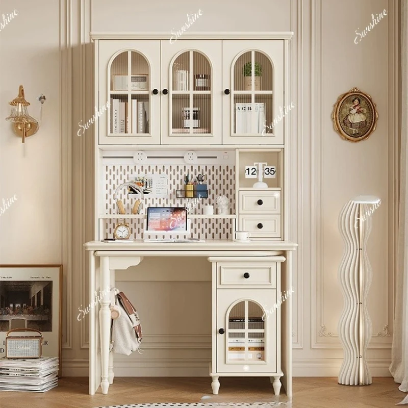 French cream-style solid wood household corner desk and chair combination
