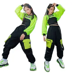 Kids Hip Hop Clothes Girls Jazz Dance Costume Neon Green Crop Tops Black Vest Cargo Pants Street Dance Performance Wear