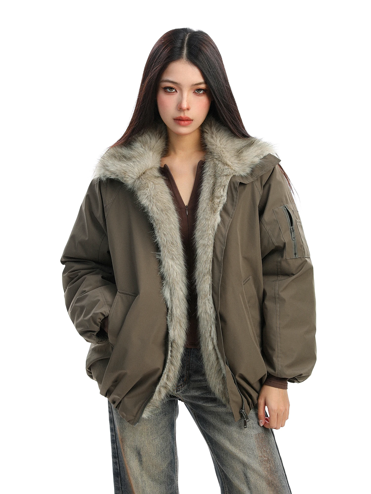 

Женская утепленная зимняя куртка с меховым воротником, свободная хлопковая стеганая куртка в уличном стиле, нейтральная модная модель, экологичная, с искусственным мехом