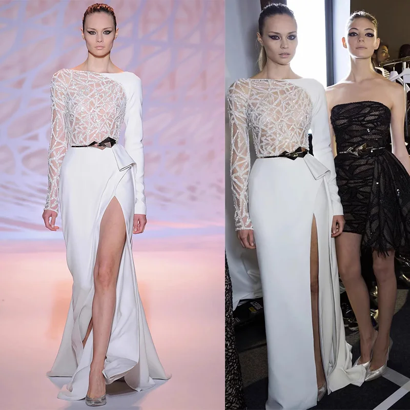 L319 New Zuhair Murad White Long Sleeves Beaded Crepe  فساتين السهرة vestidos de fiesta  فساتين سهره evening dresses